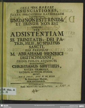 Enunciationes, Iuxta Philosophiam Rationalem Examinandas, Unum Non Est Trinum, Et Trinum Non Est Unum