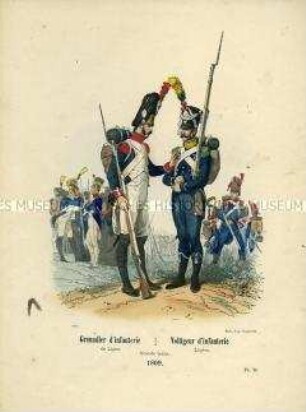 Uniformdarstellung, Grenadier der Linien-Infanterie und Voltigeur der Leichten Infanterie in Großer Uniform, Frankreich, 1809.