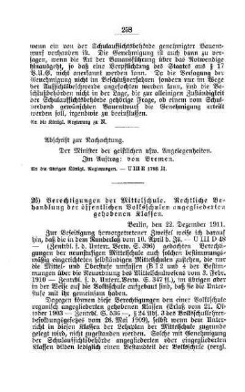 Berechtigungen der Mittelschule. Rechtliche Behandlung der öffentlichen Volksschulen angegliederten gehobenen Klassen : [G. Öffentliches Volksschulwesen]