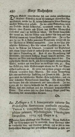 Interpretatio naturae seu philosophia Newtoniana methodo exposita. Tom.I.