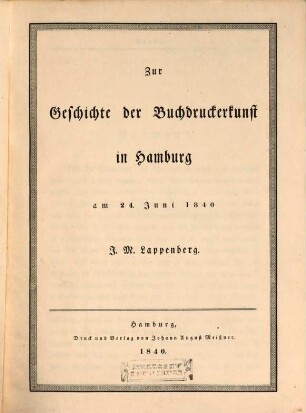 Zur Geschichte der Buchdruckerkunst : in Hamburg am 24. Juni 1840 ; mit Holzschnitt-Illustr.