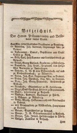 Verzeichnis. Der Herren Pränumeranten und Beförderer dieses Werks