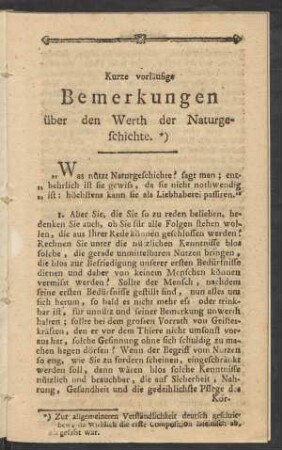 Kurze vorläufige Bemerkungen über den Werth der Naturgeschichte
