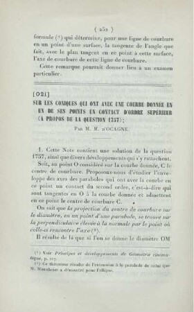 Sur les coniques qui ont avec une courbe donnée en un de ses points un contact d'ordre supérieur (a propos de la question 1757).