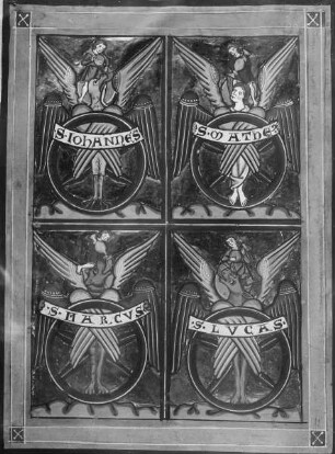 Evangeliar aus Kloster Hohenwart — Die Evangelistensymbole, getränkt von den Paradiesesflüssen, Folio 6verso