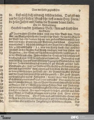 Die III. Betrachtung. Handelt von der heilsamen Busse / Reu und Leyd über die Sünde.