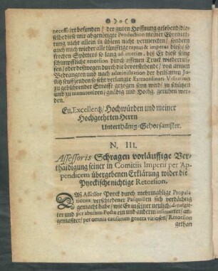 N. III. Assessoris Schragen vorläuffige Verthaidigung seiner in Comitiis Imperii per Appendicem übergebenen Erklärung wider die Pyrckische nichtige Retorsion