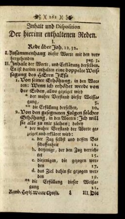 Inhalt und Disposition Der hierinn enthaltenen Reden