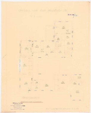 Villa von der Heydt, Berlin-Tiergarten Umbau: Grundriss Obergeschoss mit Einzeichnung der Heizkörper 1:100