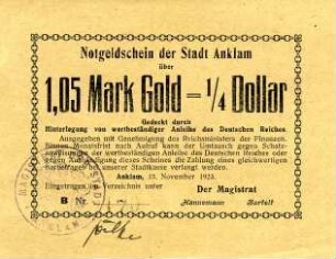 Anklam, Stadt: 1,05 Goldmark 1923