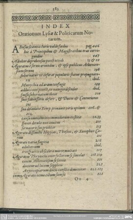 Index Orationem Lysiae & Politicarum Notarum