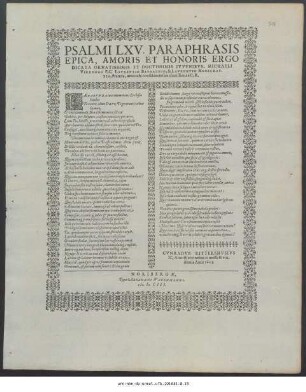 Psalmi LXV. Paraphrasis Epica, Amoris Et Honoris Ergo Dicata Ornatissimis Et Doctissimis Iuvenibus, Michaeli Virdungo P.C. Laureatio Baunachio, & Laurentio Herschaftio, Francis, amicis & consalaneis suis charissimis à C.R. ...
