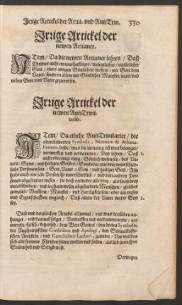 Irrige Artickel der neuen Arianer.
