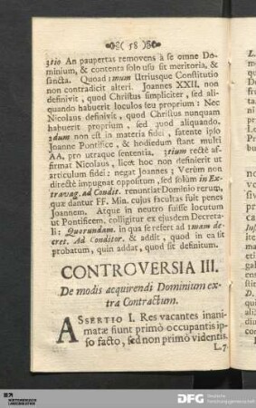 Controversia III. De modis acquirendi Dominium extra Contractum.