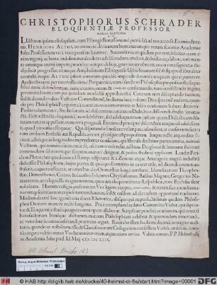 Christophorus Schrader Eloquentiae Professor Academiae Iuliae Civibus S.D.