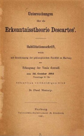 Untersuchungen über die Erkenntnisstheorie Descartes'