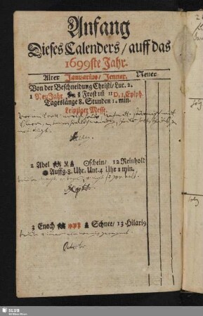 Anfang Dieses Calenders, auff das 1699ste Jahr