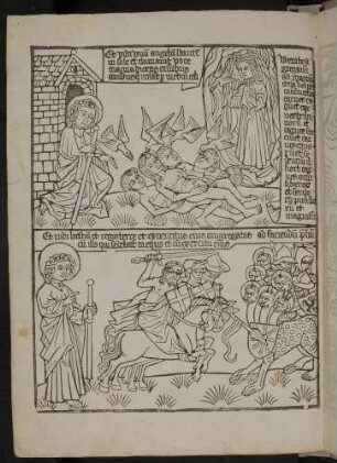 Johannes, die Vögel des Himmels, der Engel in der Sonne (Apc. XIX 17-18); Johannes, Kampf des Reiters Christus gegen das Tier und die Könige der Erde (Apc. XIX, 19).