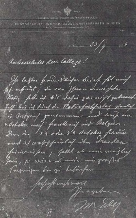 Brief von J. M. Eder, Lehr- und Versuchsanstalt für Photographie und Reproduktionsverfahren in Wien 23.09.1894?