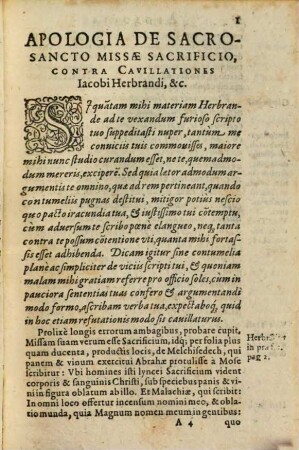 Apologia, De S.S. Missae Sacrificio : Adversvs Cavillationes Levissimas Iacobi Herbrandi Lutherani contra Tractatum de eodem argumento superiori anno Ingolstadij editum