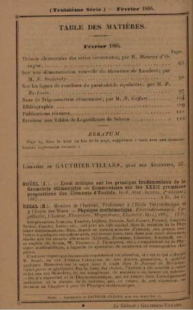 Table des matières. Février 1884.