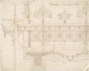 Voit, August von; München; Botanischer Garten - Palmenhaus - Hauptgesims (Ansicht, Querschnitt, Längsschnitt)