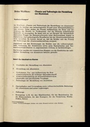 Dritter Wahlkurs: Chemie und Technologie der Herstellung von Aluminium