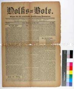 Pommersche Zeitung "Volks-Bote" mit Leitartikel zum Gedenken an die Berliner Märzrevolution 1848