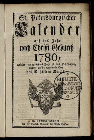 1786: St. Petersburgischer Calender auf das Jahr nach Christi Geburth 1786