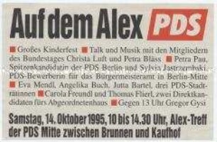 Einladung und Programm zu einer Wahlkundgebung der PDS auf dem Alexanderplatz 1995