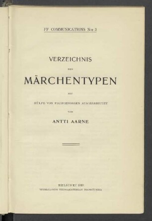FF Communications No. 3 Verzeichnis der Märchentypen