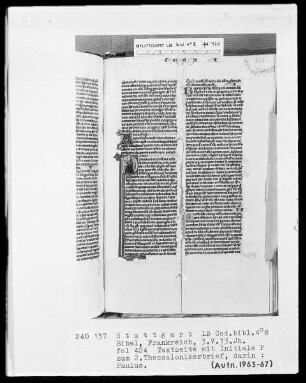 Lateinische Taschenbibel — Initiale P (aulus), darin der Apostel Paulus, Folio 424recto