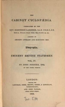 Lives of eminent British Statesmen, 4. Sir Henry Vane the younger. Henry Marten