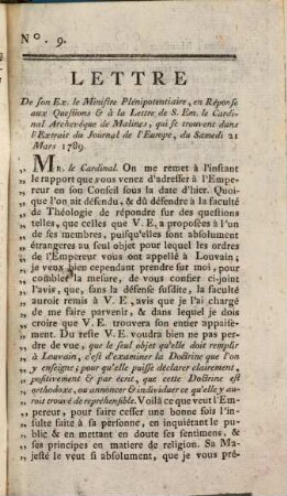 Collection Complette Des Différends Élevés entre le Gouvernement Autrichien & S. E. le Cardinal-Archevêque de Malines, en 1789, relativement au Séminaire-général de Louvain