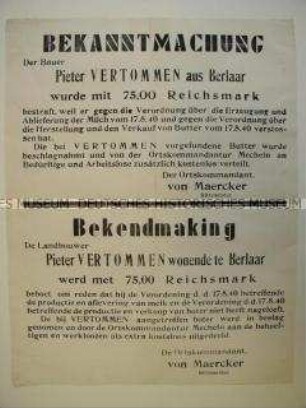 Maueranschlag zur Verurteilung eines Bauern zu einer Geldstrafe wegen eines Verstoßes gegen die Ablieferungspflicht für Butter (zweisprachig)