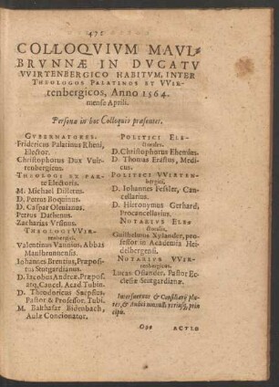 Colloquium Maulbrunnae In Ducatu Wirtenbergico Habitum, Inter Theologos Palatinos et Wirtenbergicos, Anno 1564. mense Aprili.