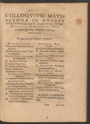 Colloquium Maulbrunnae In Ducatu Wirtenbergico Habitum, Inter Theologos Palatinos et Wirtenbergicos, Anno 1564. mense Aprili.