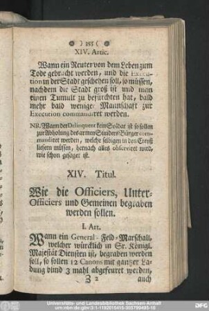 XIV. Titul. Wie die Officiers, Unter-Officiers und Gemeinen begraben werden sollen.