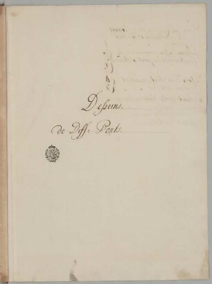 "Desseins de Diff: Ponts." : Titelblatt, 18. Jh. Tinte/Papier. 46,8 x 33,1 cm. Bez.: "Desseins de Diff: Ponts." mit Besitzstempel der kurfürstlichen Bibliothek Dresden (verwendet bis 1806).