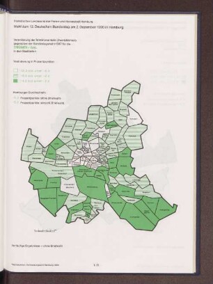 Veränderung der Stimmenanteile (Zweitstimmen) gegenüber der Bundestagswahl 1987 für die GRÜNEN/ GAL in den Stadtteilen