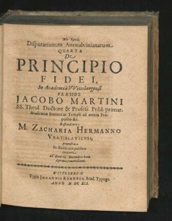 ... Quarta. Respondente M. Zacharia Hermanno.