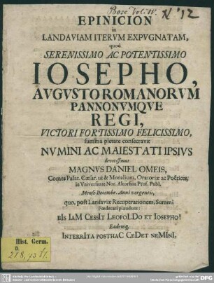 Epinicion in Landaviam Iterum Expugnatam, quod ... Josepho, Augusto Romanorum Pannonumque Regi ...