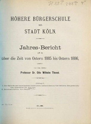 Jahres-Bericht : über die Zeit von Ostern ... bis Ostern .... 1885/86