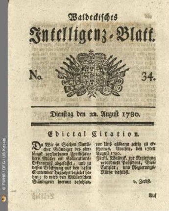 No. 34, Dienstag den 22. August 1780