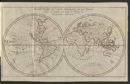 Mappe-Monde Ou Carte Generale De La Terre, Sur la quélle est tracé öe Voyage de Robinson Crusoe.