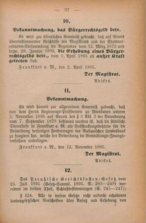 12. Auszug aus dem kgl. Preußischen Gerichtskosten-Gesetz vom 25. Juli 1895.