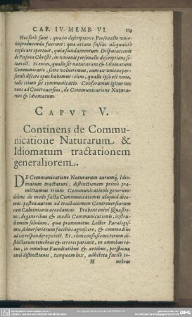 Caput V. Continens de Communicatione Naturarum & Idiomatum tractationem generaliorem
