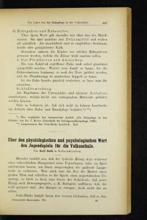Über den physiologischen und psychologischen Wert des Jugendspiels für die Volksschule