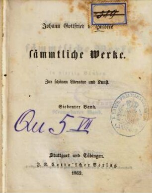 Johann Gottfried v. Herders sämmtliche Werke : in vierzig Bänden, 19. Zur schönen Literatur und Kunst ; 7