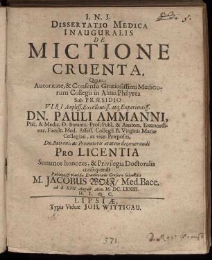 Dissertatio Medica Inauguralis De Mictione Cruenta